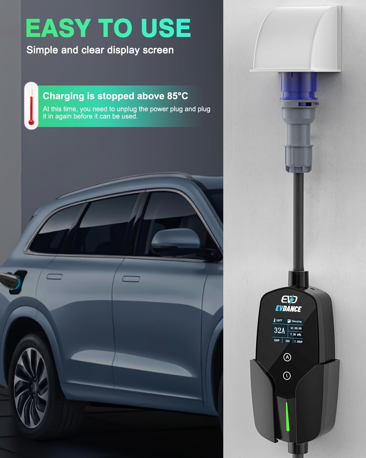 EVDANCE 32A Type 2 EV Charger  - Portable Ev Charger 32A Type 2 Cee Plug ulasan dan harga