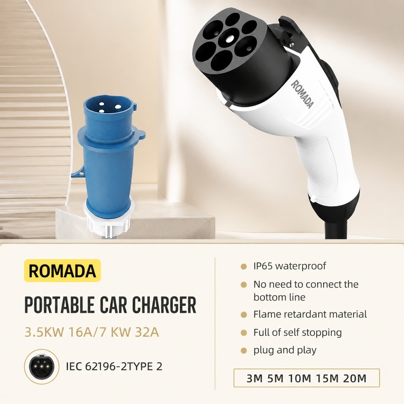ROMADA 7KW 32A Electric Vehicl - Portable Ev Charger 32A Type 2 Cee Plug ulasan dan harga