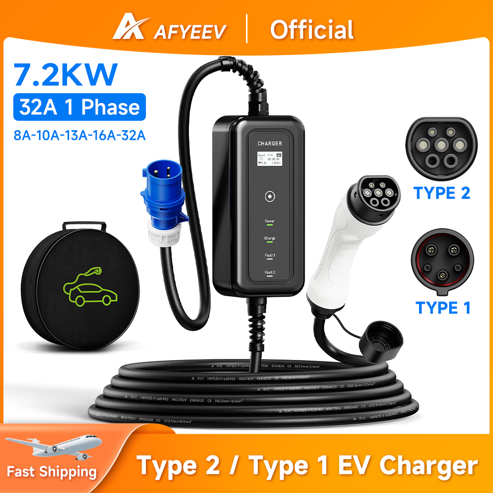 AFYEEV Portable EV Charger Wal - Portable Ev Charger 32A Type 2 Cee Plug ulasan dan harga